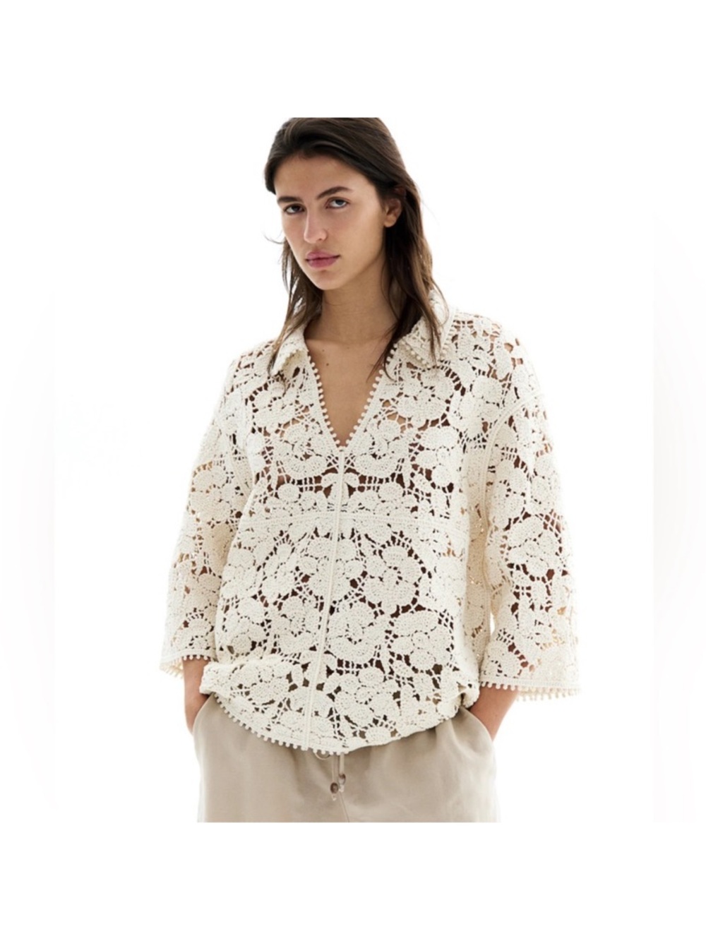 H&M Edition Cream Crochet Lace Top Sz XS